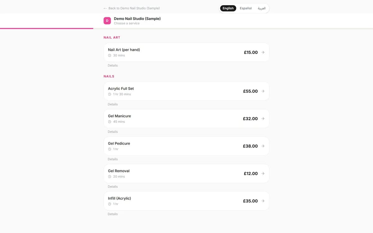 Blyssbook online booking page for a demo nail studio, first step: a service menu with prices in pounds, such as Gel Manicure £32 and Acrylic Full Set £55