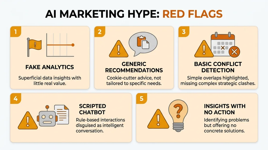 AI marketing hype red flags to watch for in salon software: fake analytics, generic recommendations, basic conflict detection, scripted chatbots, insights with no action