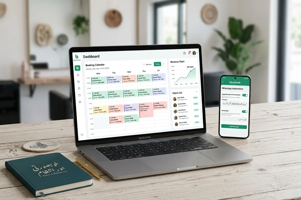 Blyssbook salon software dashboard on laptop and WhatsApp automation on phone, showing booking calendar and revenue chart