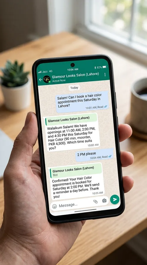 WhatsApp conversation showing automated salon appointment booking in Lahore, Pakistan