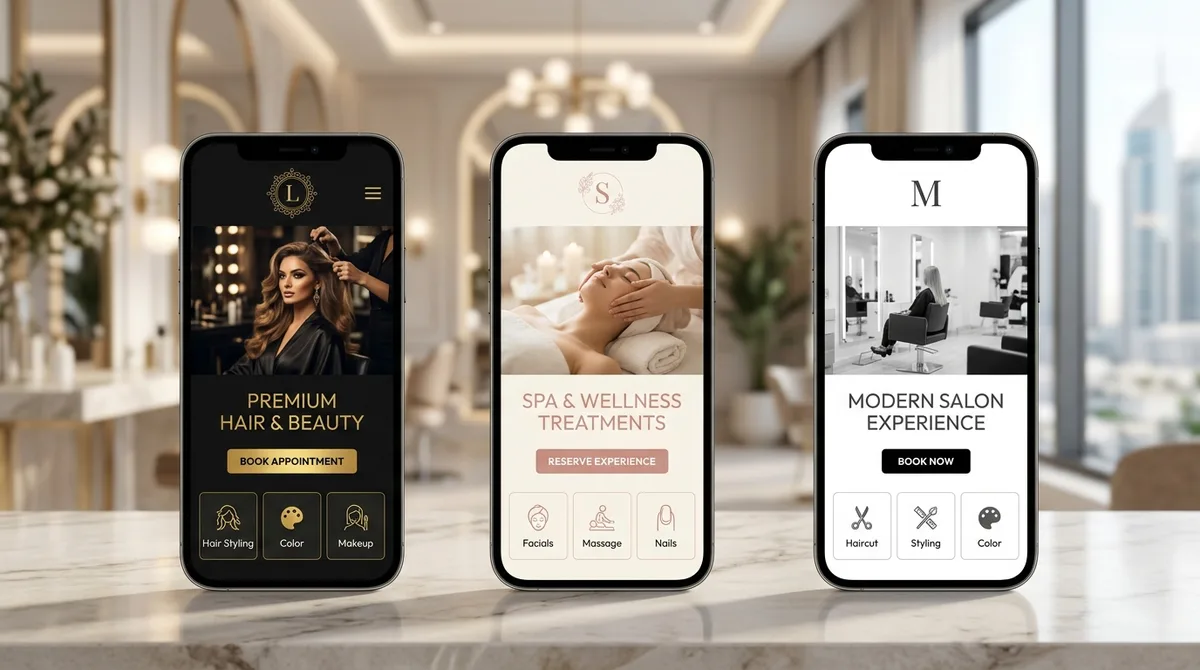Premium salon booking website themes for Dubai's luxury market: Dubai Luxury, Soft Spa, and Minimal White