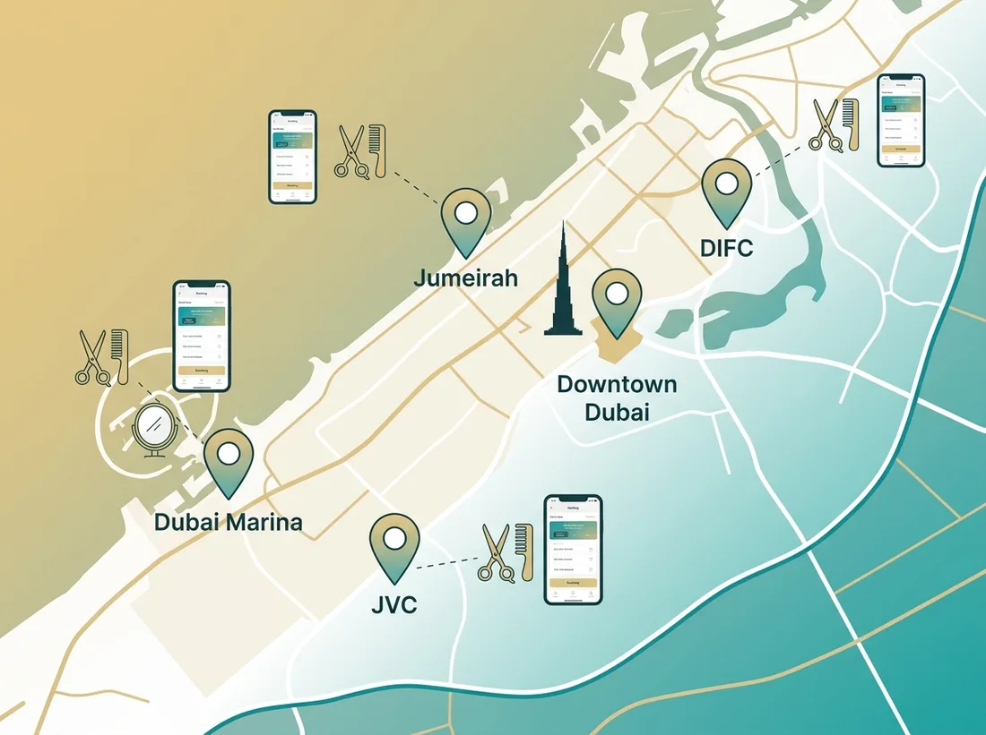 Salon booking software coverage across Dubai Marina, JVC, Downtown Dubai, DIFC, and Jumeirah