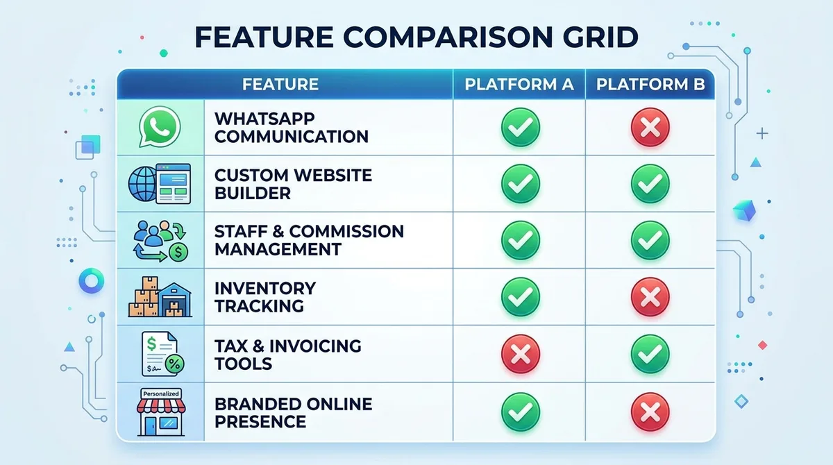Feature comparison grid: WhatsApp communication, custom website, staff commissions, inventory, tax invoicing, branded presence