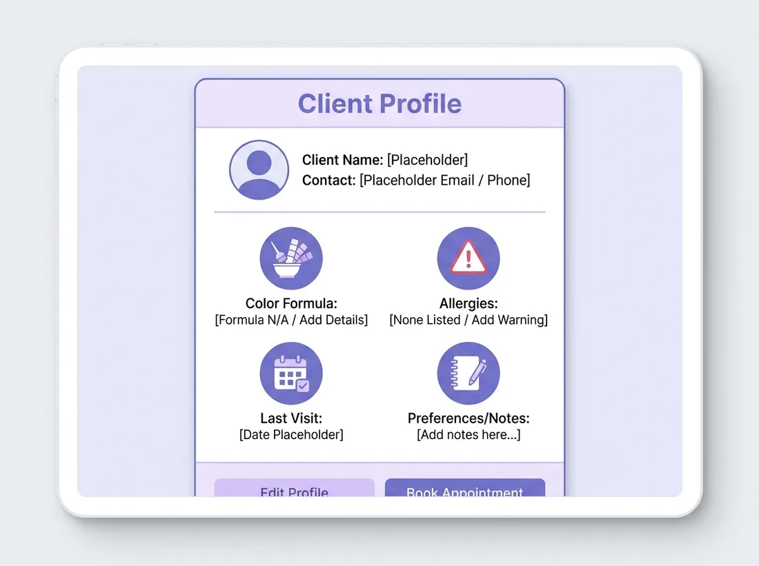 Digital client profile showing colour formula, allergies, last visit, and preferences