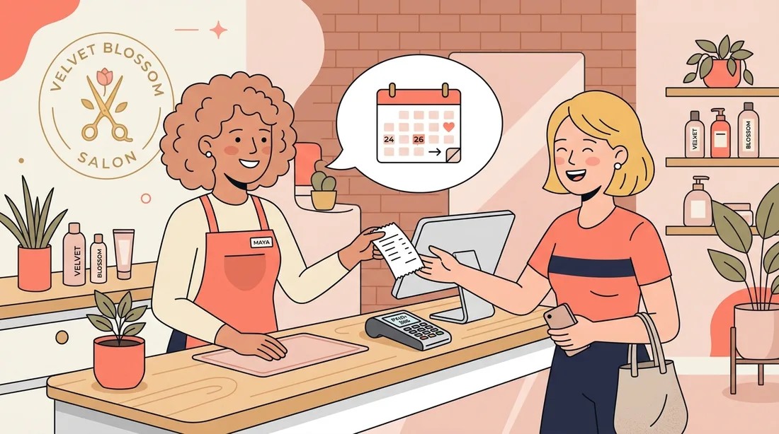 A stylist prompting a client to rebook their next appointment at checkout