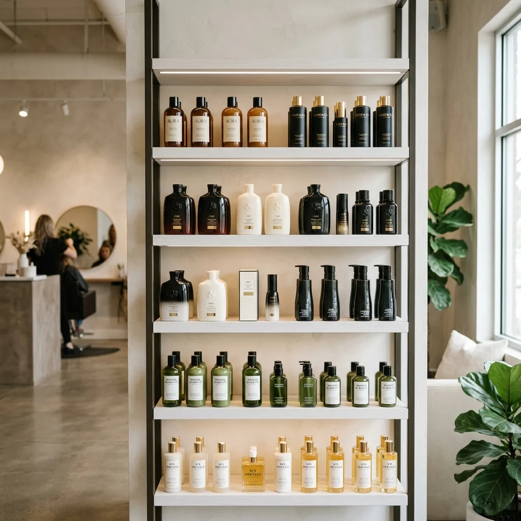 Organized salon retail shelf with high-end hair products