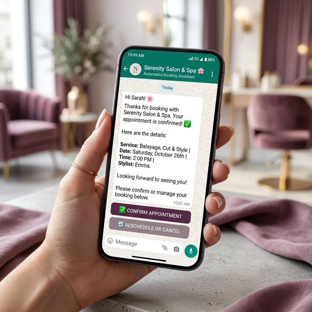Mobile phone showing automated WhatsApp booking confirmations