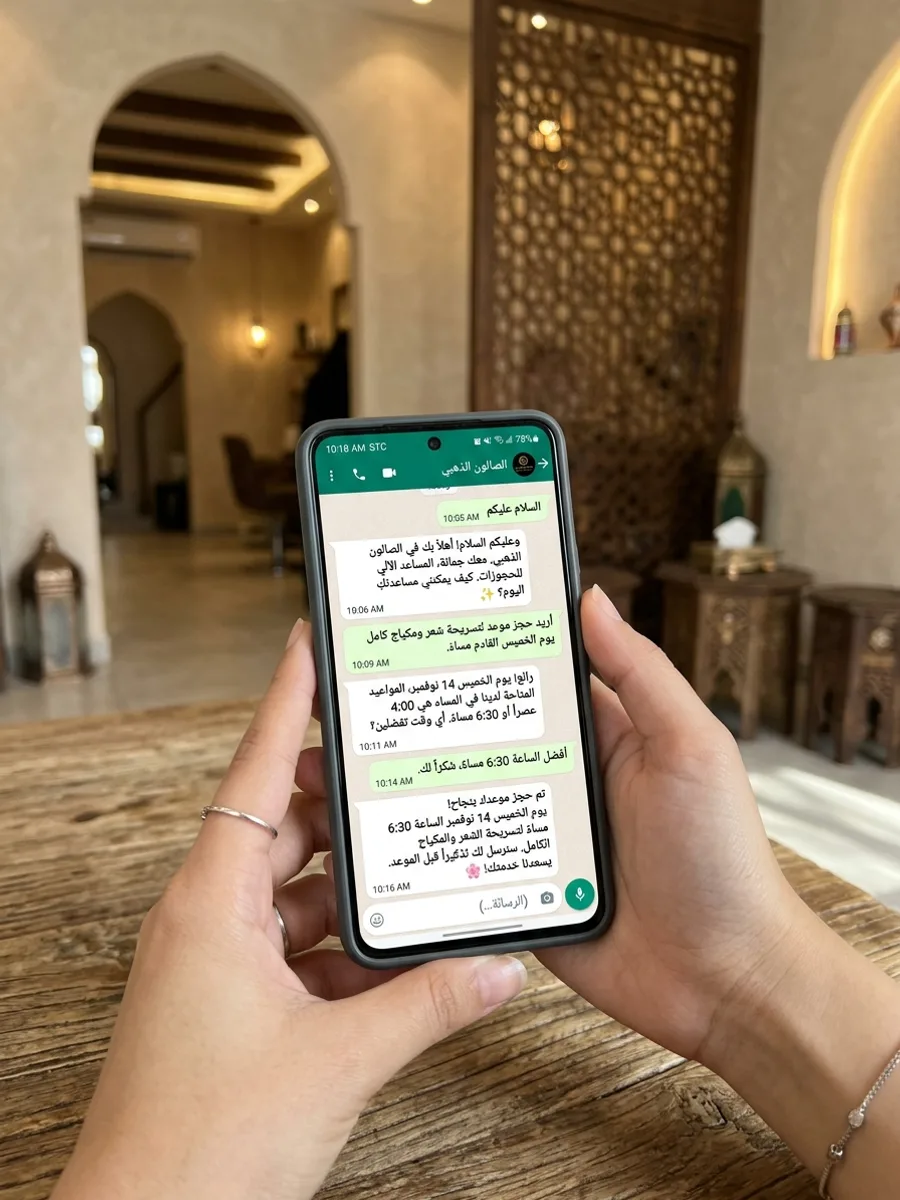 WhatsApp booking conversation in Arabic handled natively by Blyssbook AI