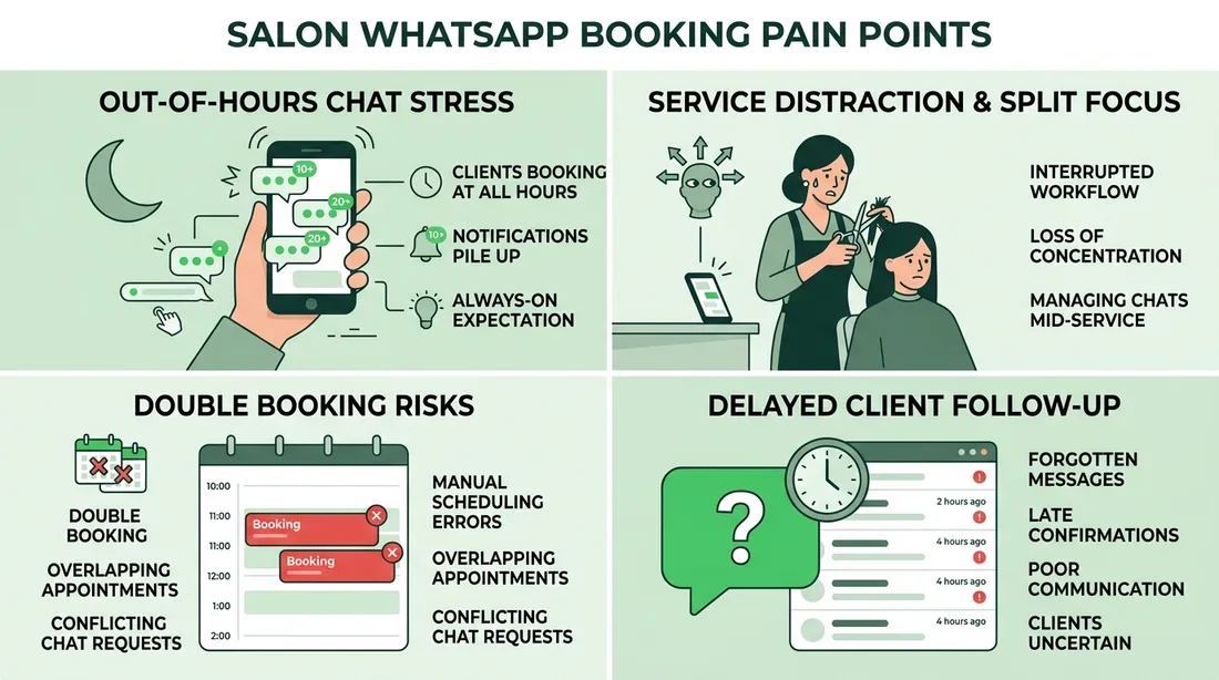 Common salon WhatsApp booking pain points: out-of-hours chats, service distraction, double bookings, delayed follow-up