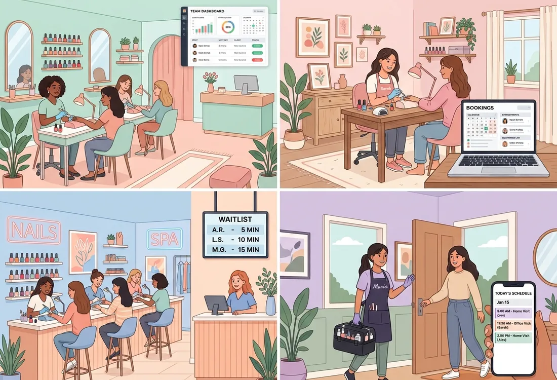 Four types of nail businesses supported by Blyssbook: multi-chair salon, solo technician, nail bar, mobile nail tech