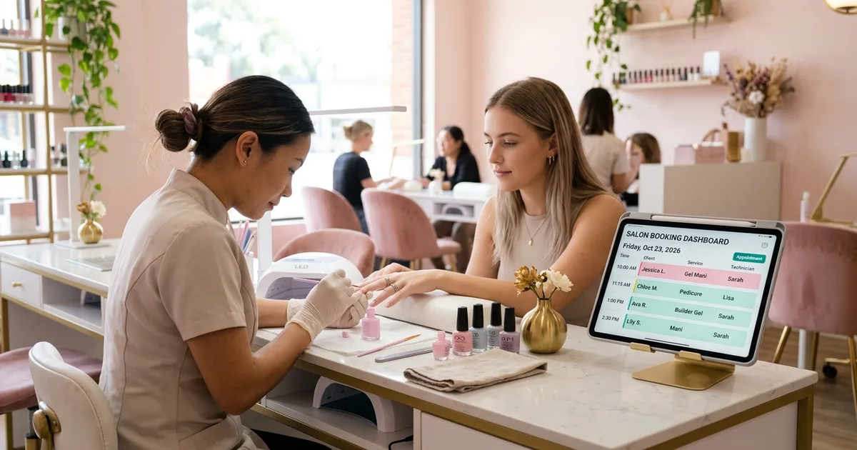 Nail technician using Blyssbook salon booking dashboard while giving a client a gel manicure