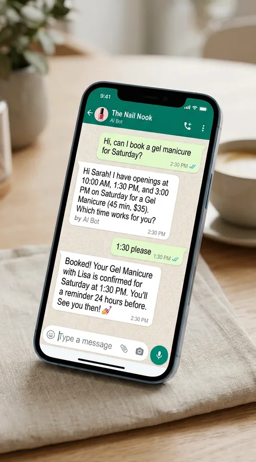 WhatsApp conversation showing automated nail salon appointment booking and confirmation